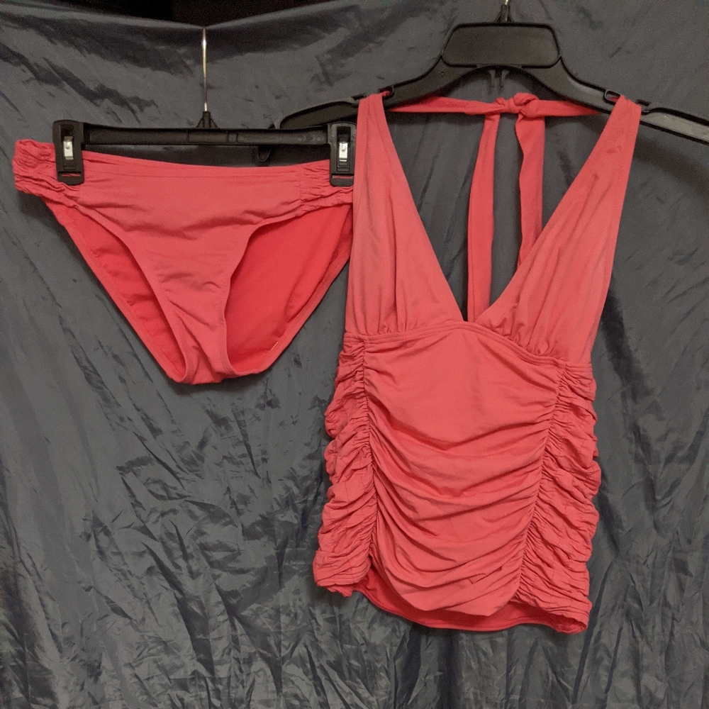 S)DKNY Coral 2pc Halter Top Ruched Tankini